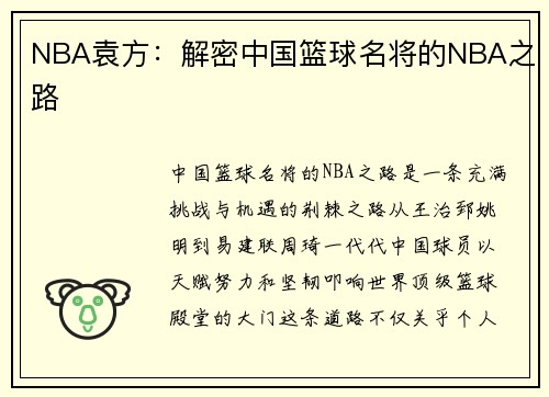 NBA袁方：解密中国篮球名将的NBA之路